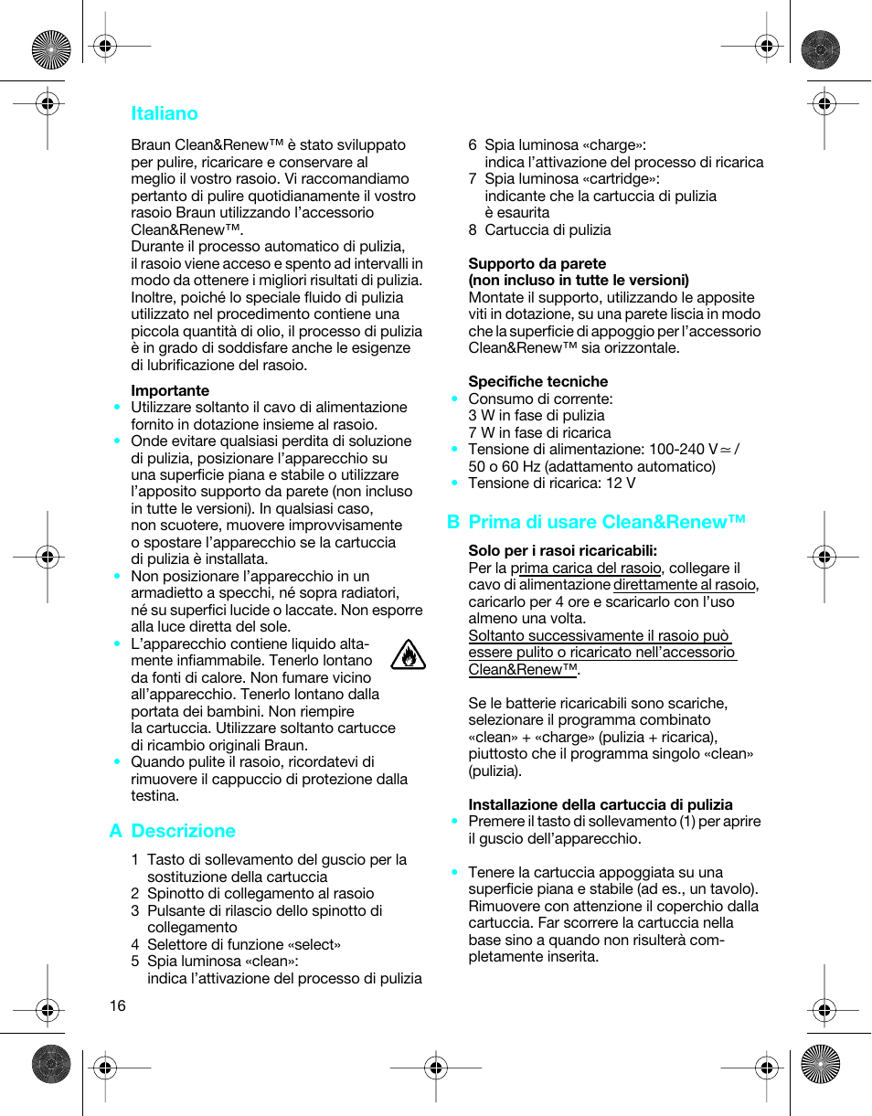 Italiano, A descrizione, B prima di usare clean&renew | Braun 5301 User Manual | Page 15 / 40