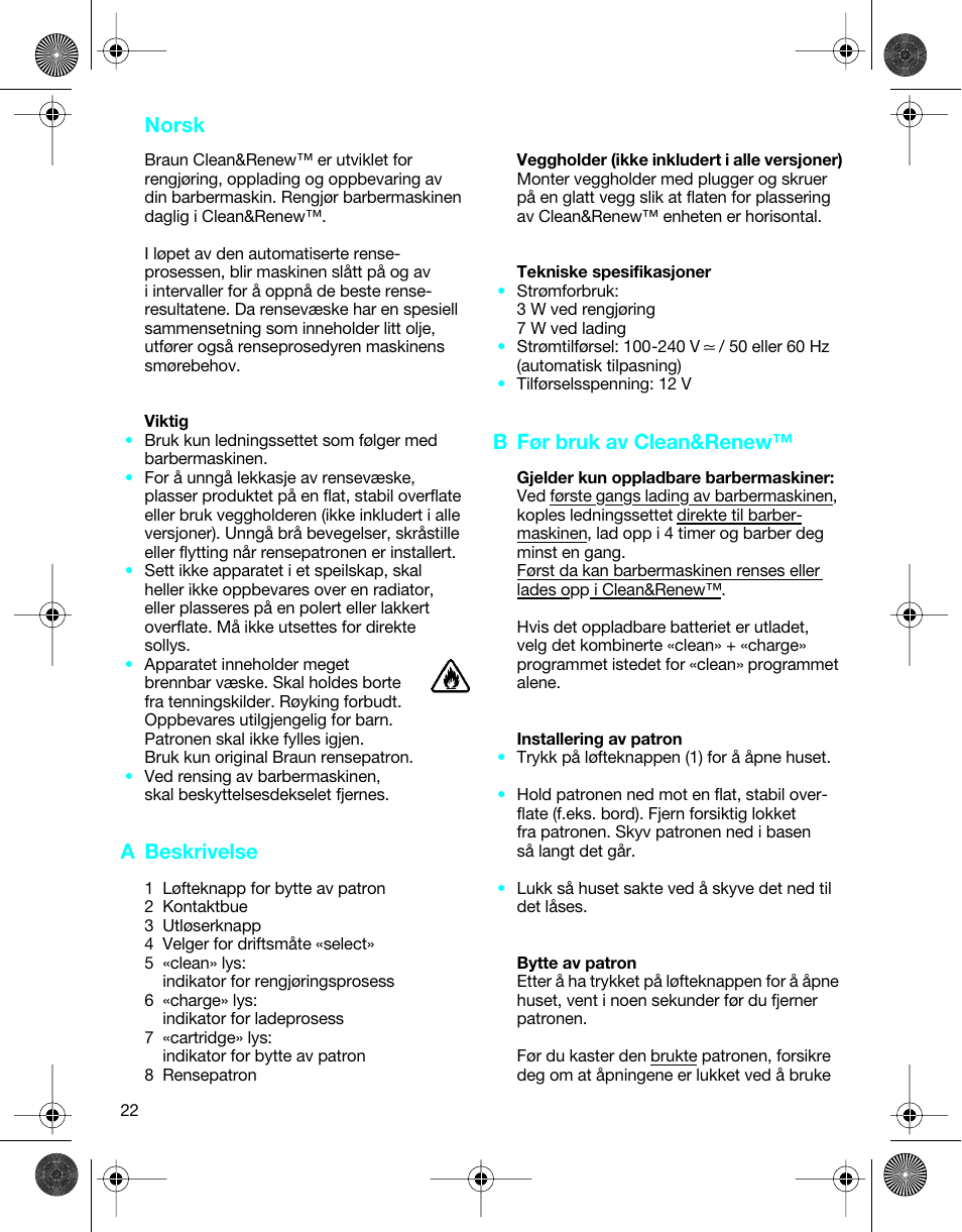 Norsk, A beskrivelse, B før bruk av clean&renew | Braun 5301 User Manual | Page 21 / 40