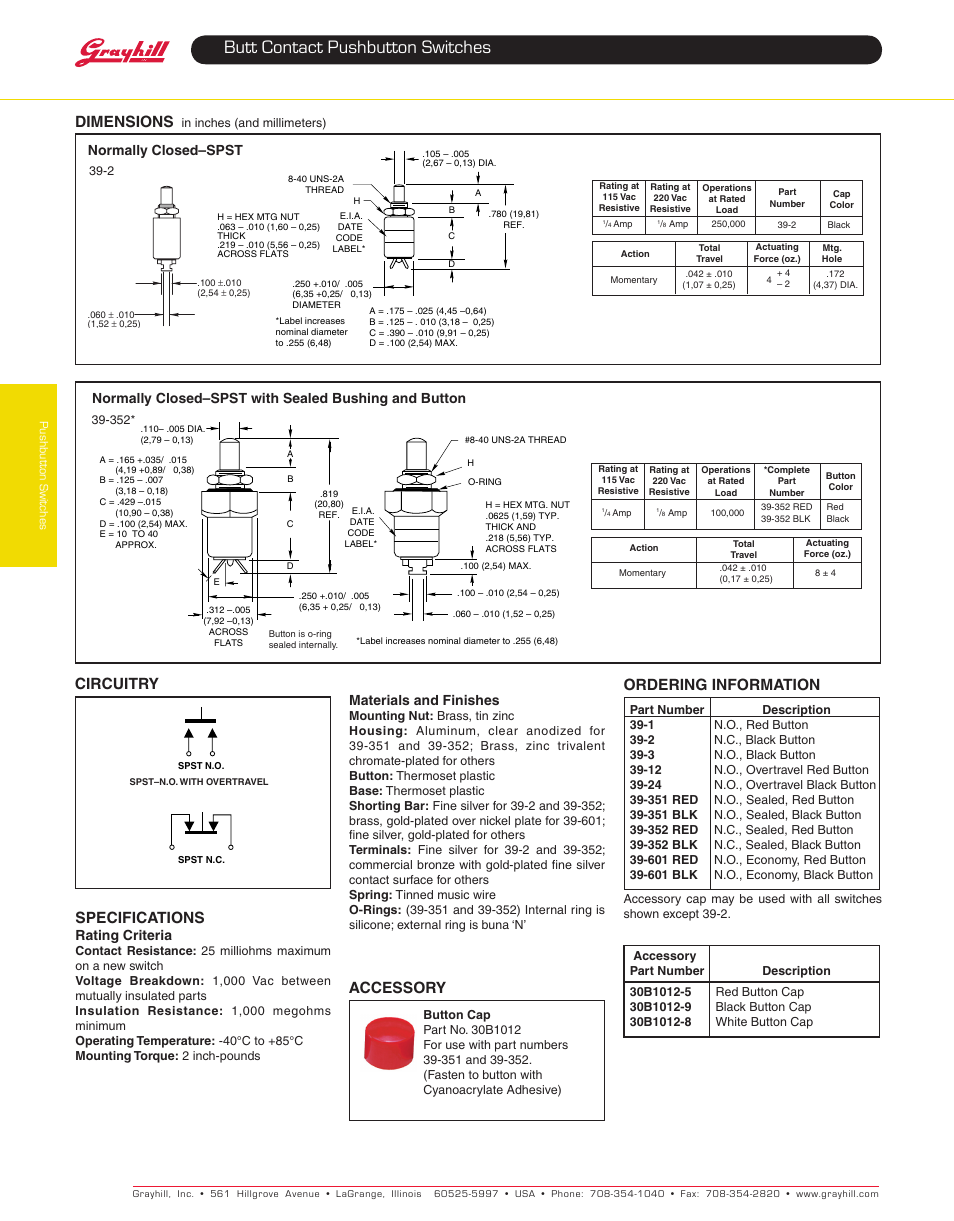 Butt contact pushbutton switches, Dimensions, Circuitry | Specifications, Ordering information, Accessory, Normally closed–spst, Rating criteria, Materials and finishes | Grayhill Pushbutton switches: Butt Contact 39 Panel Mount Series User Manual | Page 2 / 2