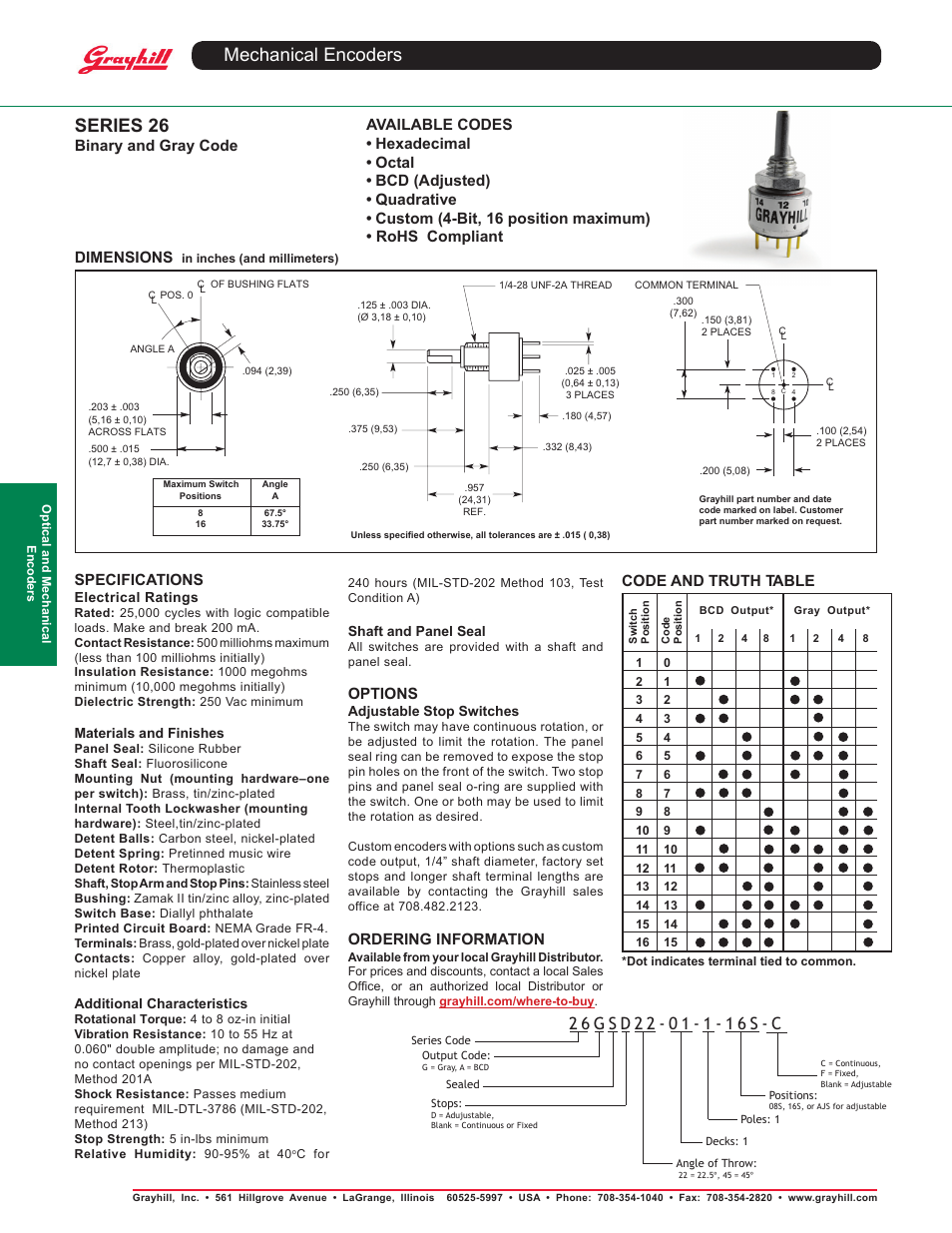 Grayhill Mechanical Rotary Encoders 26 Series User Manual | 1 page