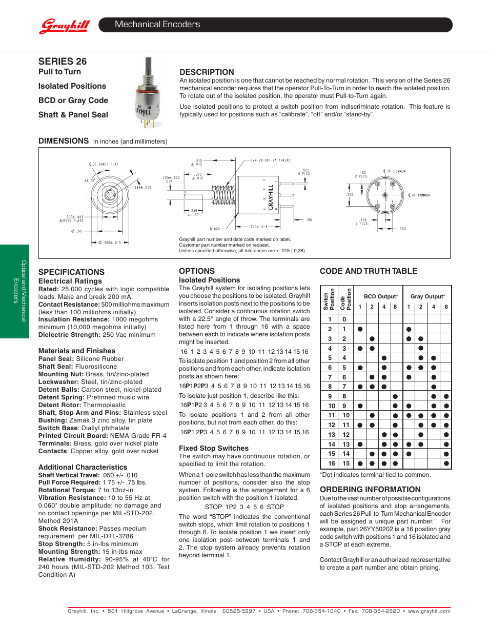 Grayhill Mechanical Rotary Encoders 26 PTT Series User Manual | 1 page