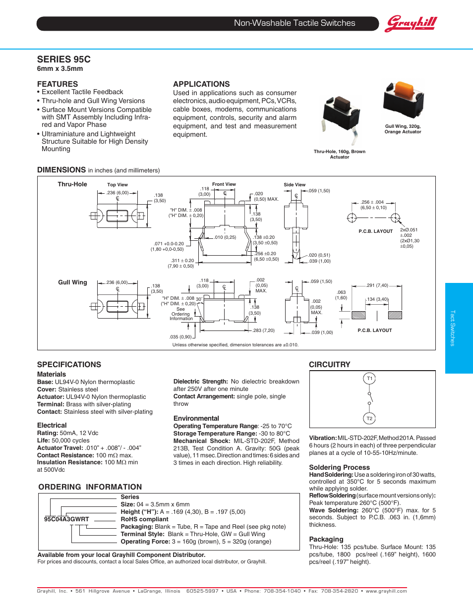 Grayhill Tactile Switches 95C04 Series User Manual | 1 page