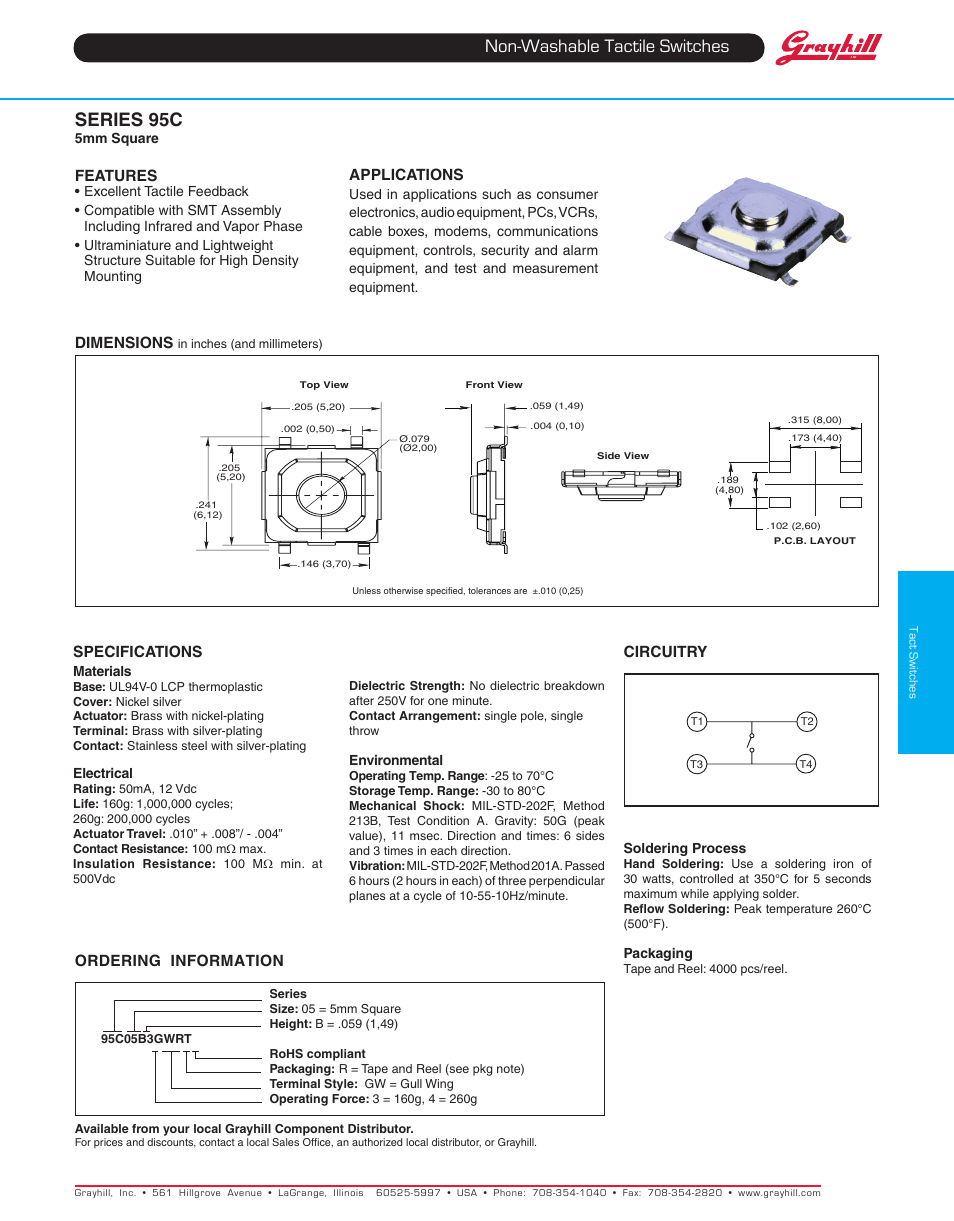 Grayhill Tactile Switches 95C05 Series User Manual | 1 page