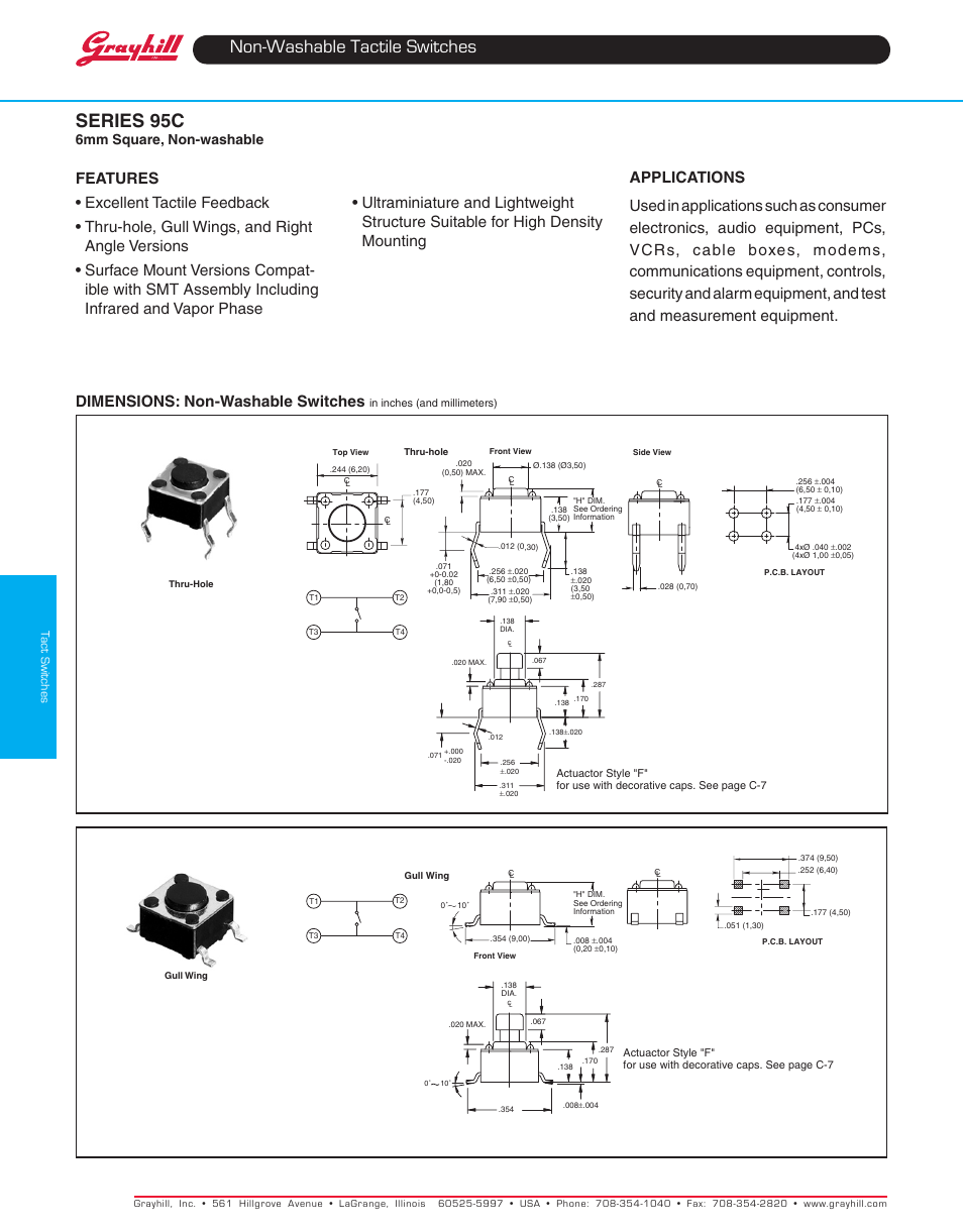 Grayhill Tactile Switches 95C06 Series User Manual | 3 pages