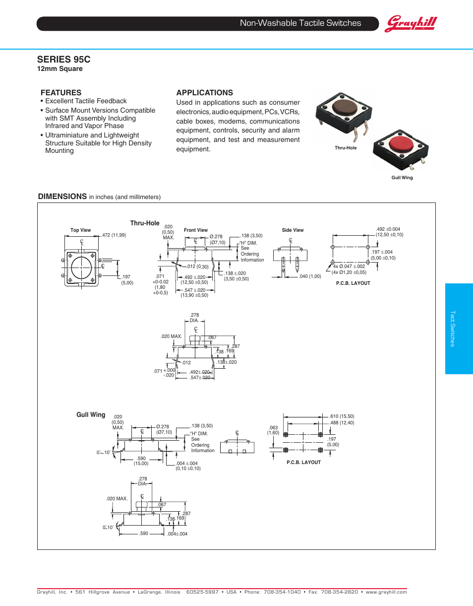 Grayhill Tactile Switches 95C12 Series User Manual | 2 pages