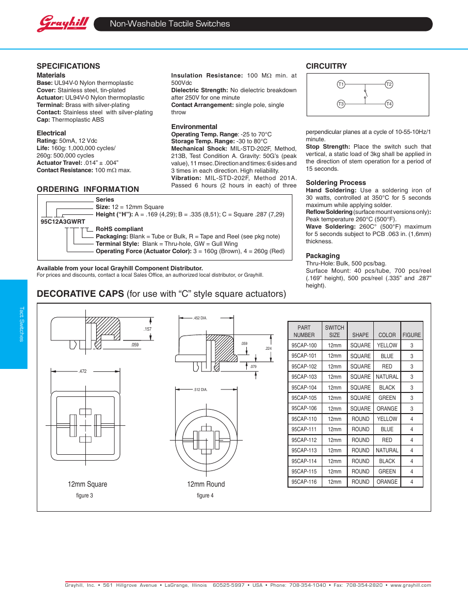 Non-washable tactile switches | Grayhill Tactile Switches 95C12 Series User Manual | Page 2 / 2