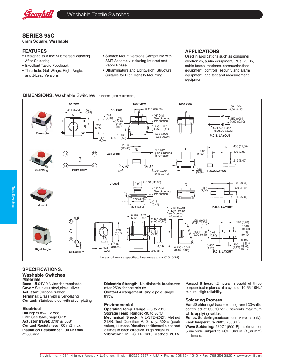 Grayhill Tactile Switches 95CW06 Series User Manual | 2 pages