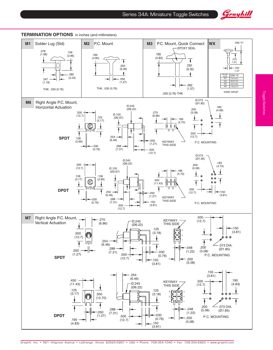 Series 34a: miniature toggle switches, Termination options | Grayhill Toggle Switches 34A Series User Manual | Page 4 / 6