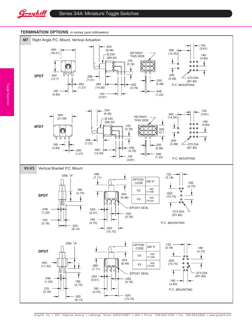 Series 34a: miniature toggle switches, Termination options, Spdt dpdt | Grayhill Toggle Switches 34A Series User Manual | Page 5 / 6