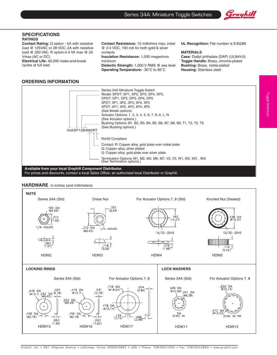 Series 34a: miniature toggle switches, Specifications, Ordering information | Hardware | Grayhill Toggle Switches 34A Series User Manual | Page 6 / 6