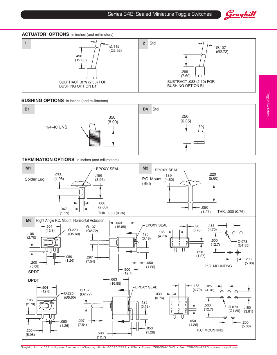 Series 34b: sealed miniature toggle switches | Grayhill Toggle Switches 34B Series User Manual | Page 2 / 4
