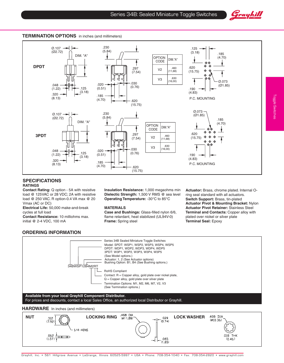 Series 34b: sealed miniature toggle switches, Specifications, Termination options | Hardware, Ordering information | Grayhill Toggle Switches 34B Series User Manual | Page 4 / 4