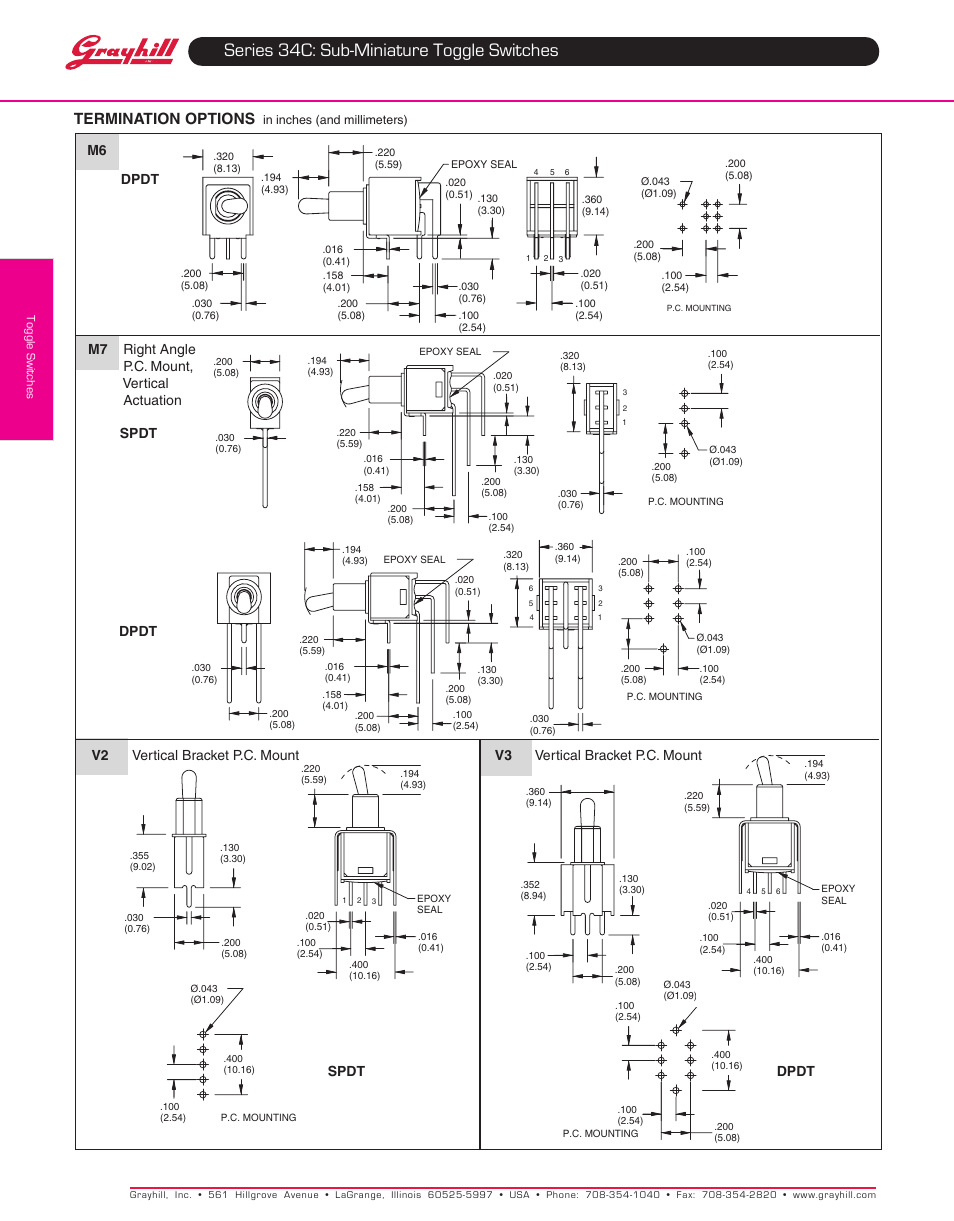 Series 34c: sub-miniature toggle switches, Termination options, Dpdt spdt dpdt spdt dpdt m6 | Grayhill Toggle Switches 34C Series User Manual | Page 3 / 4