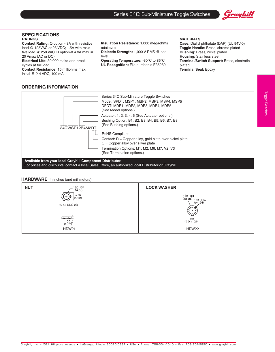 Series 34c: sub-miniature toggle switches | Grayhill Toggle Switches 34C Series User Manual | Page 4 / 4