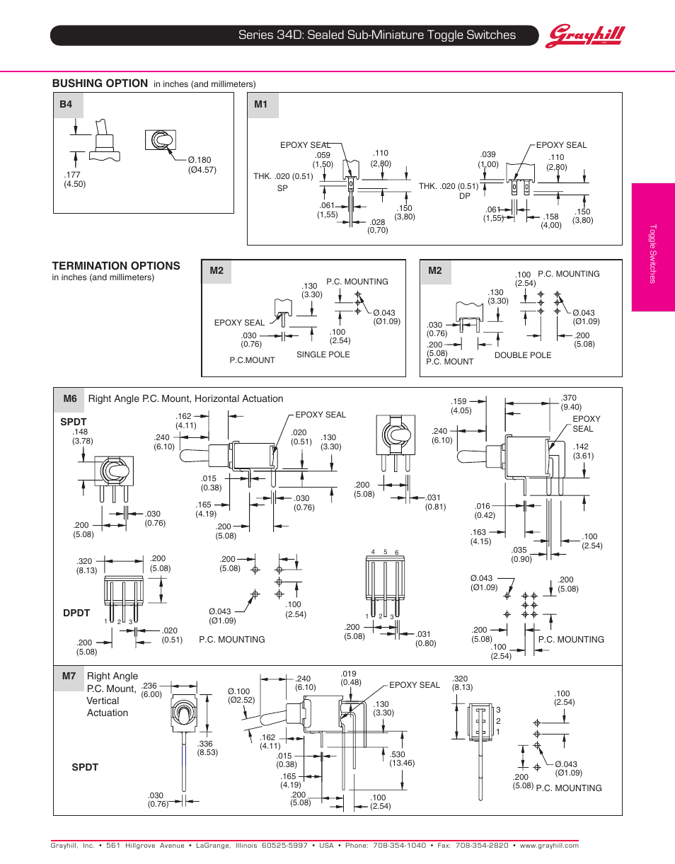 Series 34d: sealed sub-miniature toggle switches, Bushing option, Termination options | Grayhill Toggle Switches 34D Series User Manual | Page 2 / 3