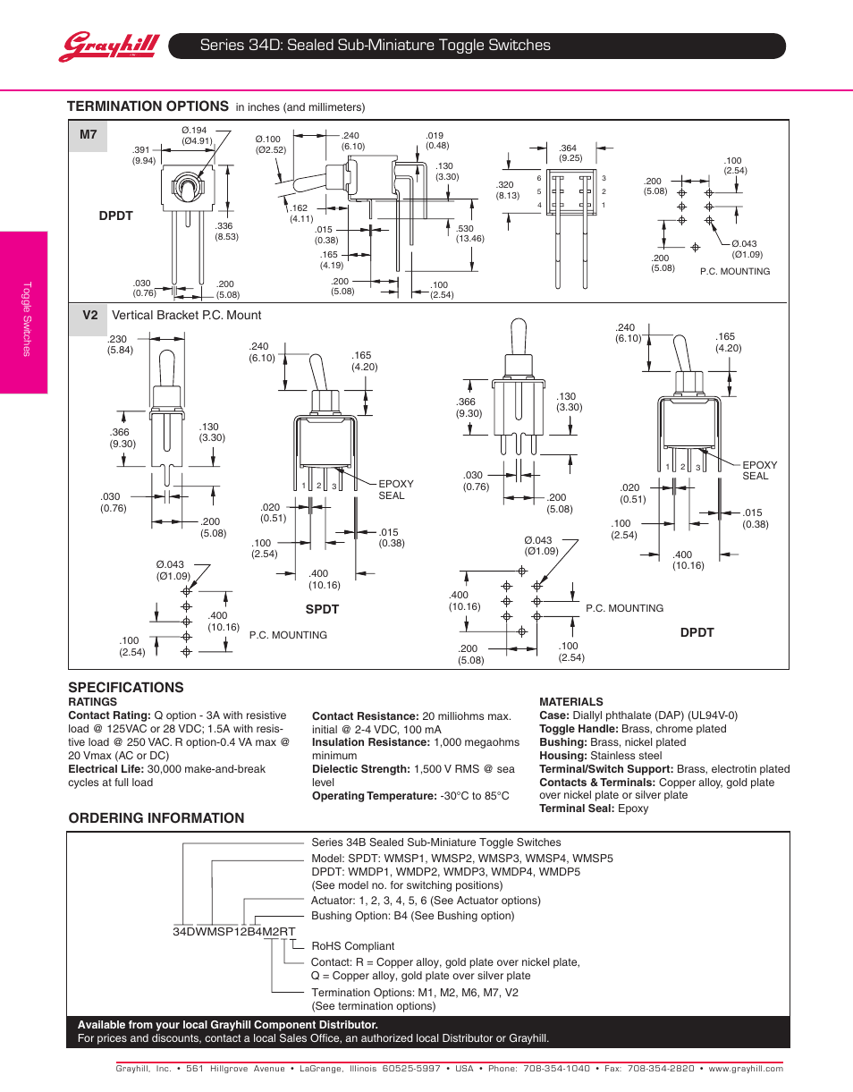 Series 34d: sealed sub-miniature toggle switches, Termination options, Specifications | Ordering information | Grayhill Toggle Switches 34D Series User Manual | Page 3 / 3