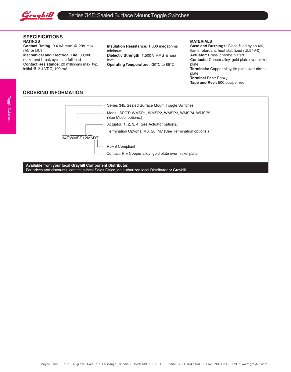 Series 34e: sealed surface mount toggle switches | Grayhill Toggle Switches 34E Series User Manual | Page 4 / 4