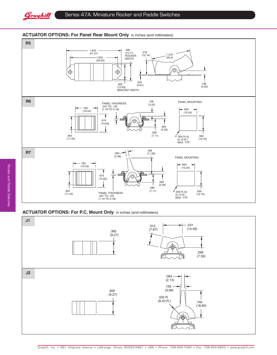 Series 47a: miniature rocker and paddle switches, Actuator options: for panel rear mount only, Actuator options: for p.c. mount only | R5 r7 r6, J1 j2 | Grayhill Rocker Switches 47A Series User Manual | Page 3 / 6