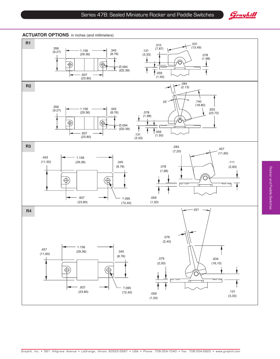 Actuator options, R1 r2 r3 r4 | Grayhill Rocker Switches 47B Series User Manual | Page 2 / 6