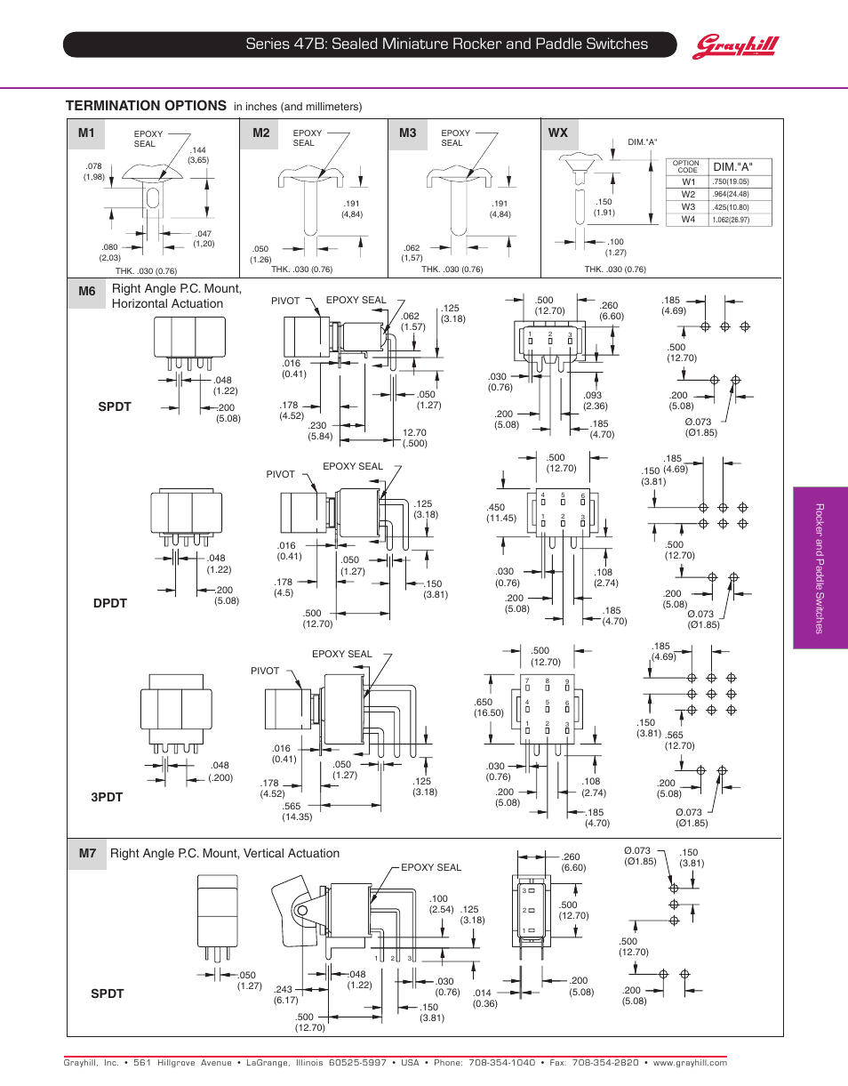 Termination options, M6 m7 right angle p.c. mount, vertical actuation | Grayhill Rocker Switches 47B Series User Manual | Page 4 / 6