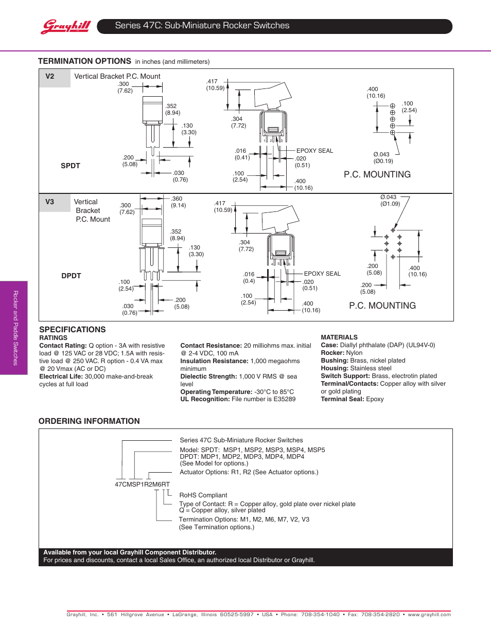 Series 47c: sub-miniature rocker switches, P.c. mounting, Termination options | Specifications, Ordering information | Grayhill Rocker Switches 47C Series User Manual | Page 3 / 3