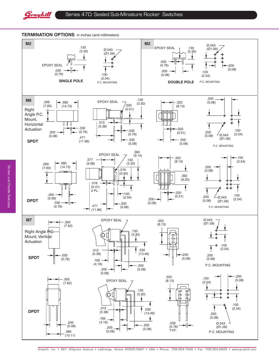 Series 47d: sealed sub-miniature rocker switches, Termination options | Grayhill Rocker Switches 47D Series User Manual | Page 2 / 3