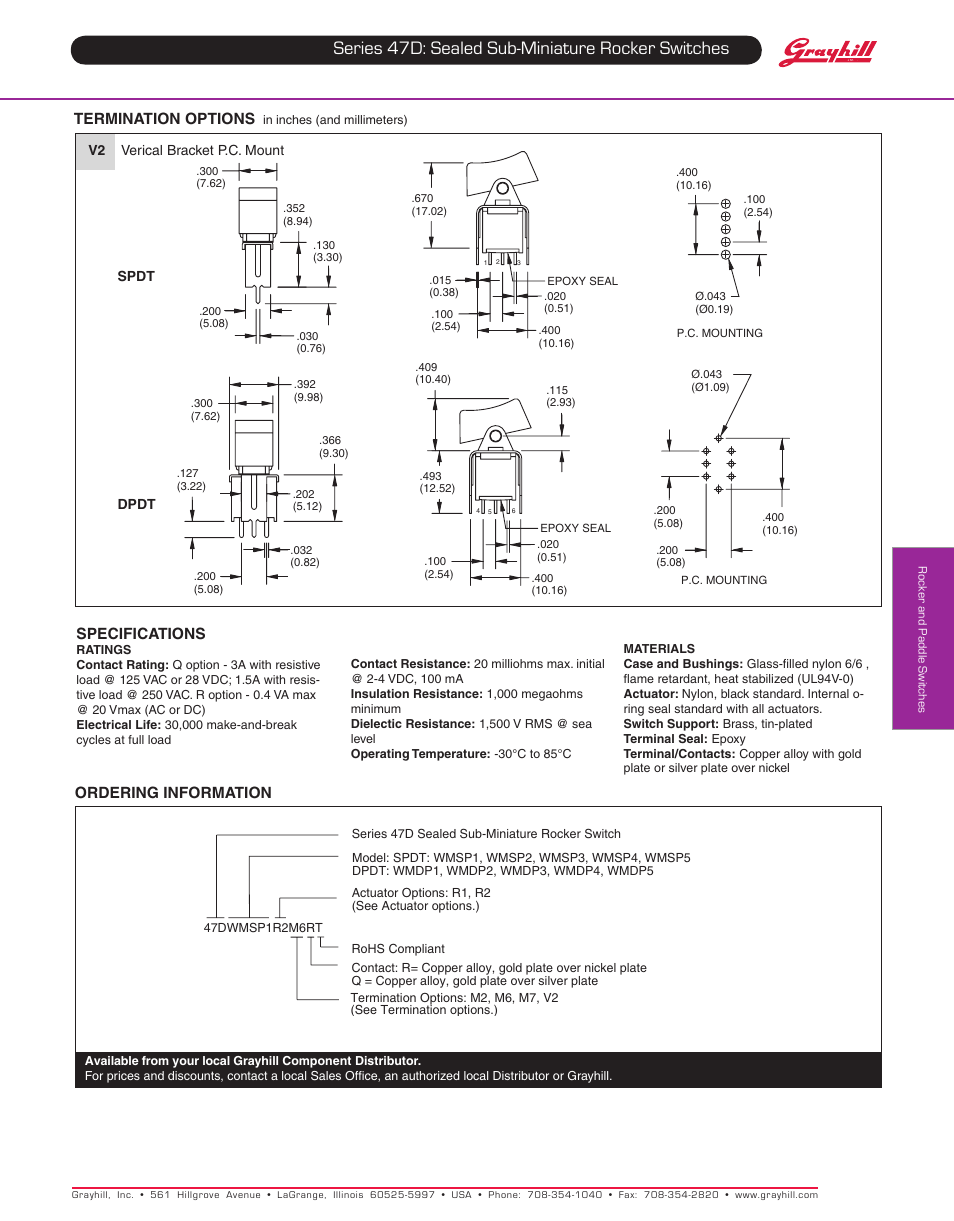 Series 47d: sealed sub-miniature rocker switches, Termination options, Specifications | Ordering information | Grayhill Rocker Switches 47D Series User Manual | Page 3 / 3