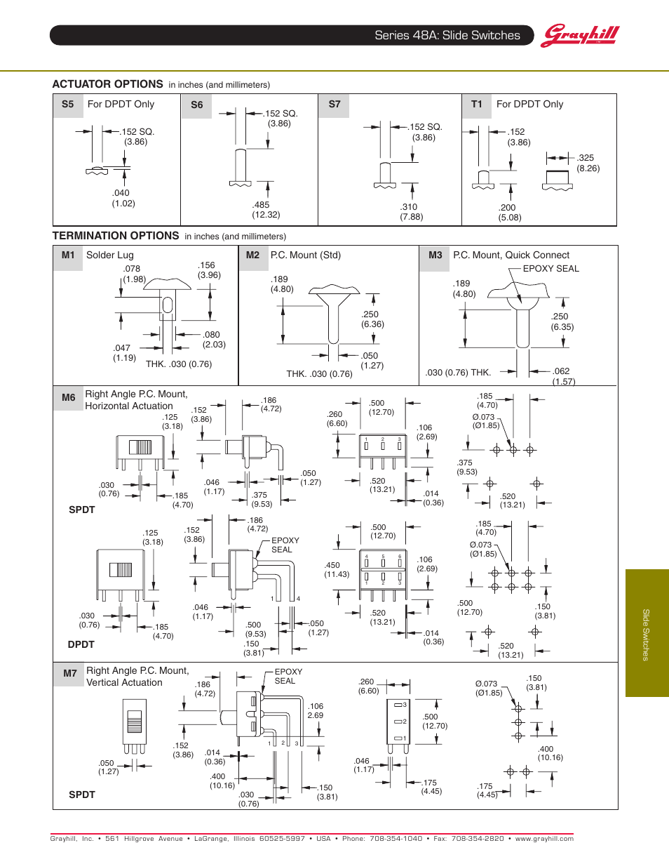 Series 48a: slide switches, Actuator options, Termination options | Grayhill Slide Switches 48A Series User Manual | Page 2 / 3