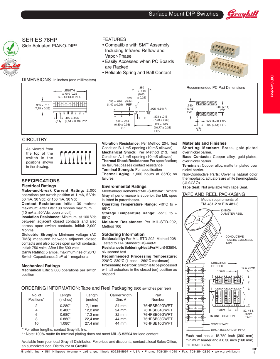 Grayhill DIP Switches: Surface Mount 76HP Series User Manual | 1 page