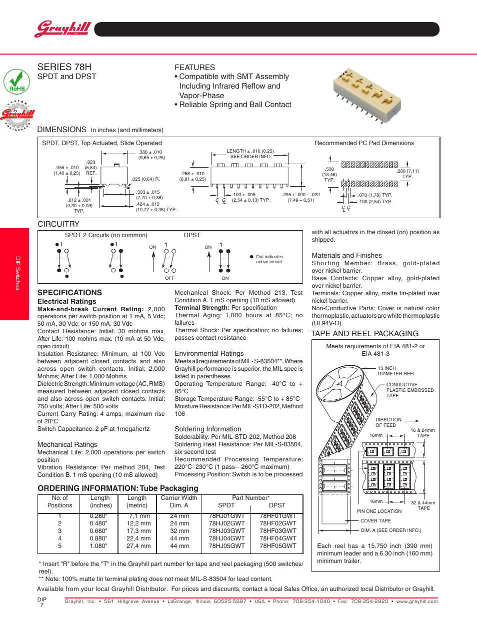 Grayhill DIP Switches: Surface Mount 78H Series User Manual | 1 page