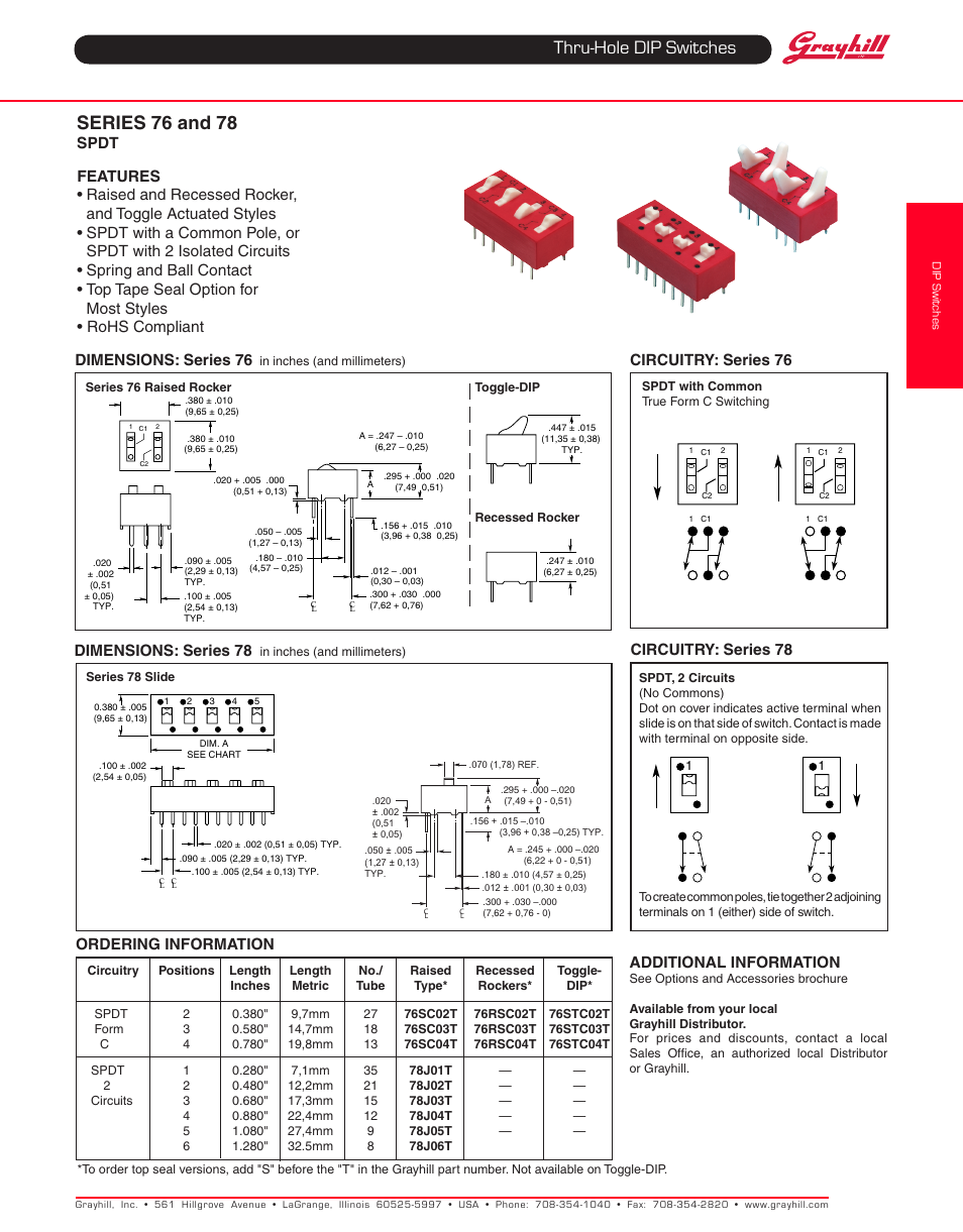 Grayhill DIP Switches: Thru-Hole 78 Series SPDT User Manual | 2 pages
