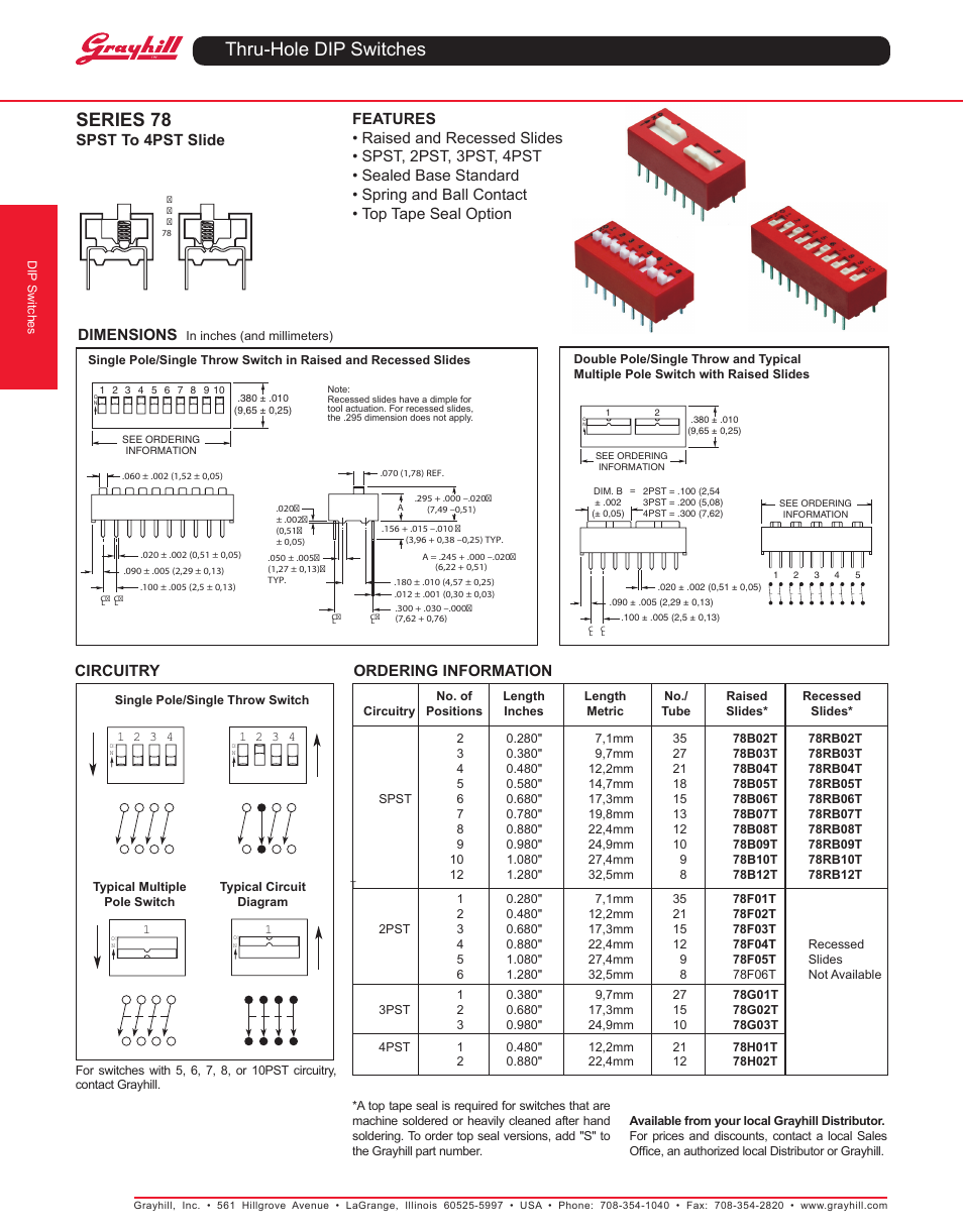 Grayhill DIP Switches: Thru-Hole 78 Series SPST To 4PST Slide User Manual | 2 pages
