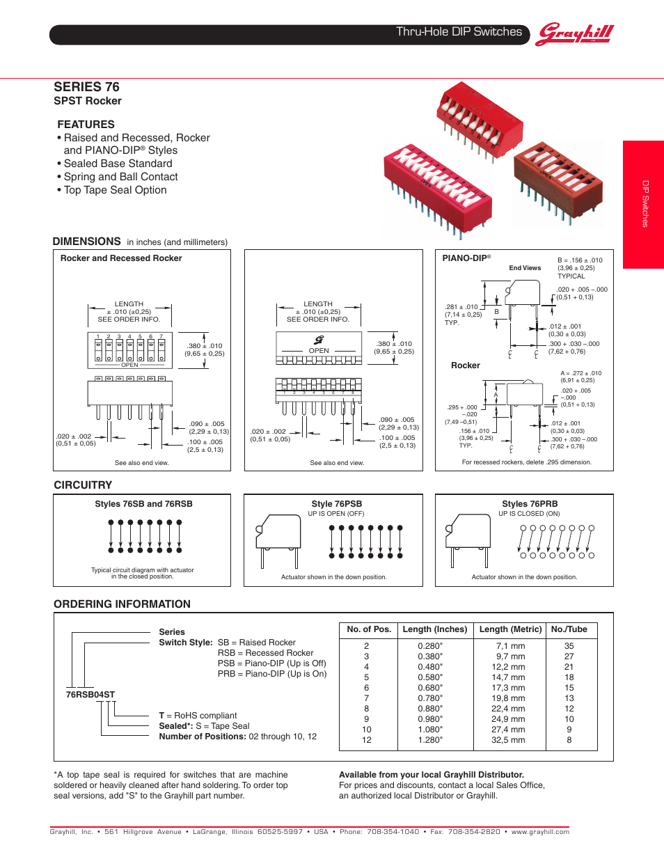 Grayhill DIP Switches: Thru-Hole 76 Series SPST Rocker User Manual | 2 pages
