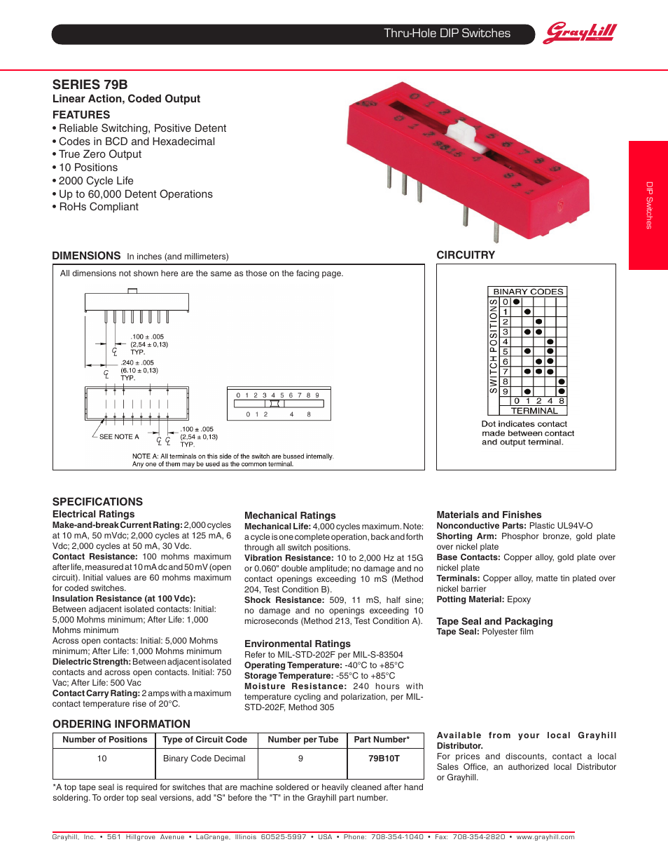 Thru-hole dip switches, Series 79b | Grayhill DIP Switches: Thru-Hole 79 Series User Manual | Page 2 / 2