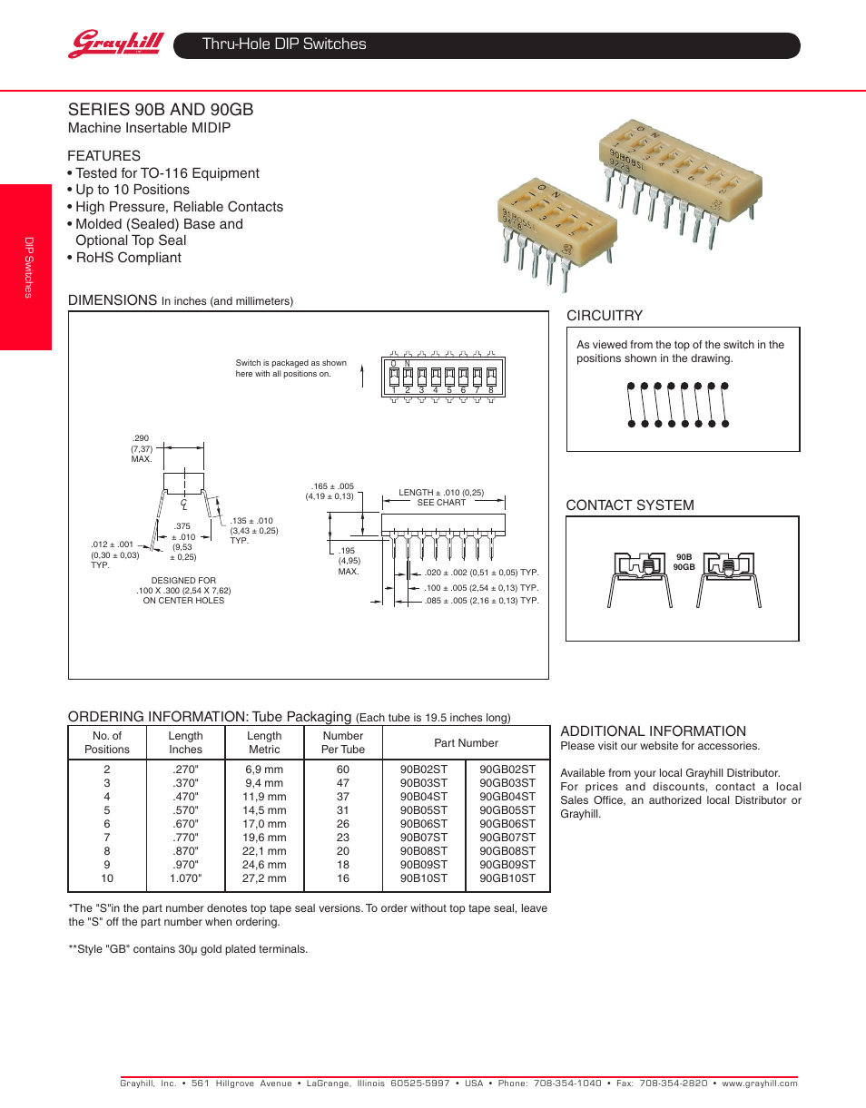 Grayhill DIP Switches: Thru-Hole 90B Series User Manual | 2 pages