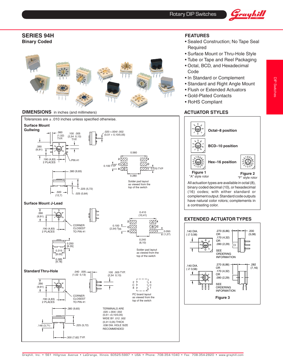 Grayhill DIP Switches: Thru-Hole 94H Series User Manual | 3 pages