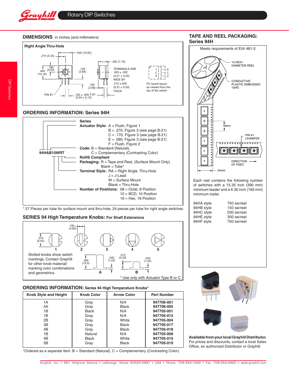 Rotary dip switches, Tape and reel packaging: series 94h, Ordering information | Ordering information: series 94h, Series 94 high temperature knobs, Dimensions | Grayhill DIP Switches: Thru-Hole 94H Series User Manual | Page 2 / 3