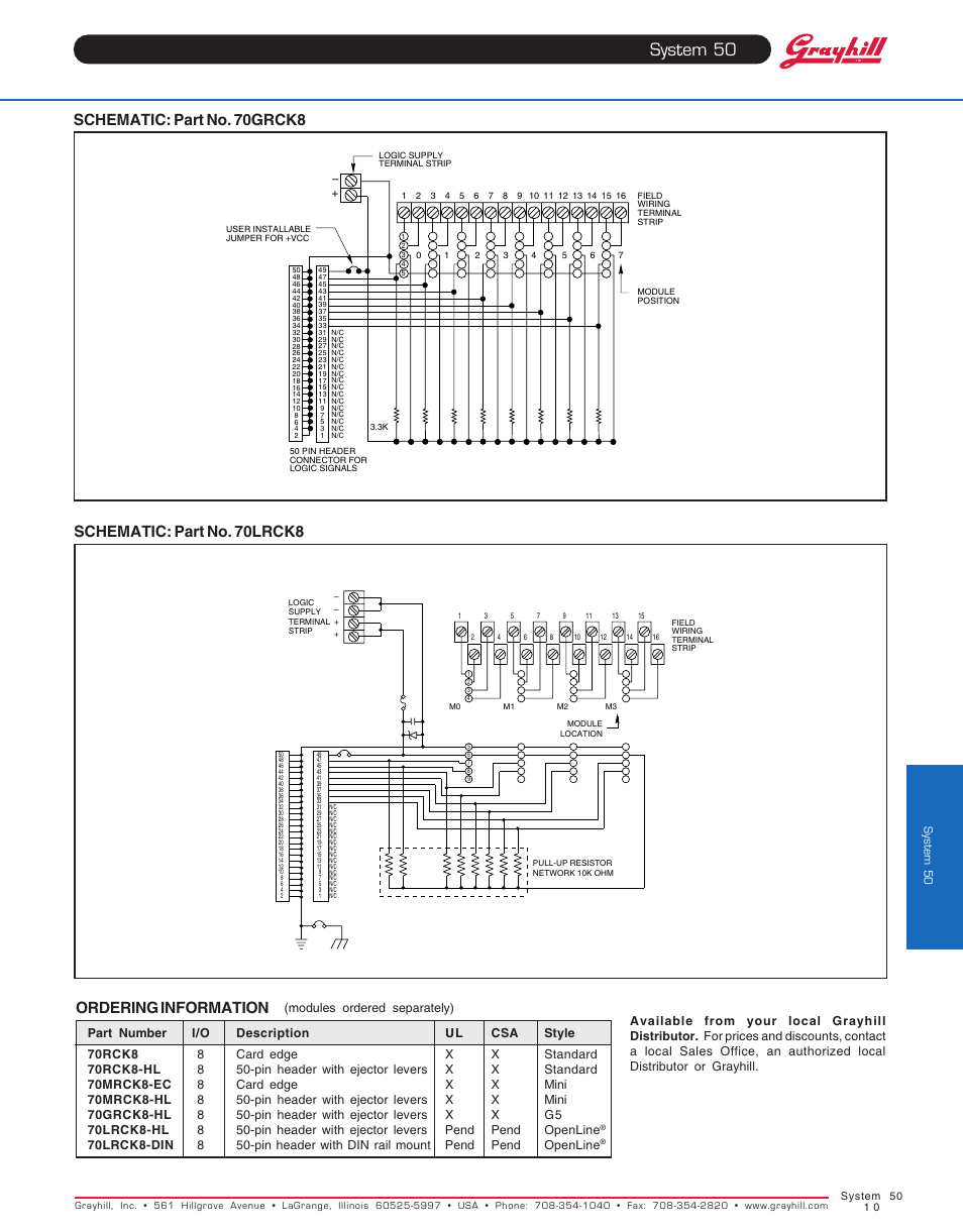 System 50, Schematic: part no. 70grck8, Ordering information | Schematic: part no. 70lrck8 | Grayhill Racks 8 Channel User Manual | Page 5 / 5