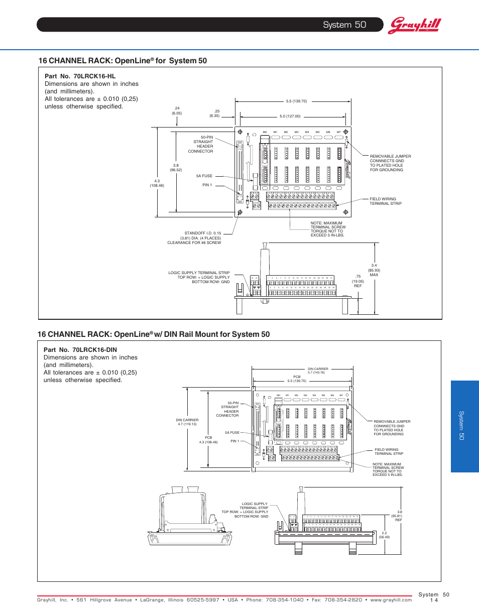 16 channel rack: openline, For system 50, W/ din rail mount for system 50 | System 50, System 50 1 4 | Grayhill Racks 16 Channel User Manual | Page 4 / 7