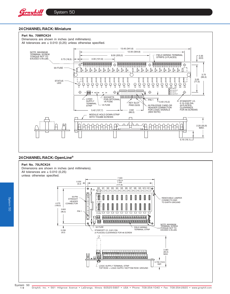 24 channel rack: miniature, 24 channel rack: openline, System 50 | Grayhill Racks 24 Channel (in-line) User Manual | Page 2 / 4