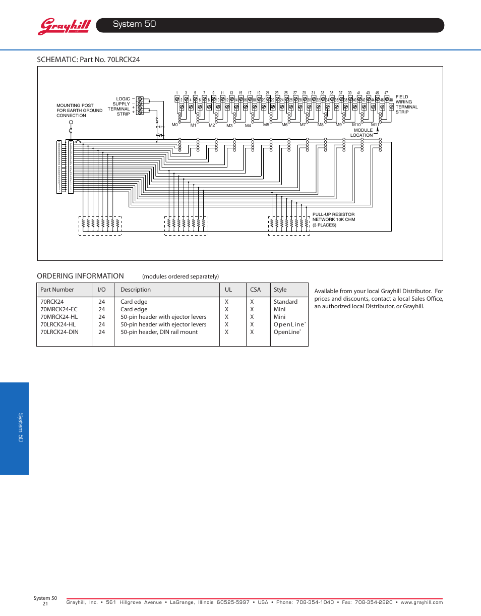 Ordering information, Schematic: part no. 70lrck24, System 50 | Grayhill Racks 24 Channel (in-line) User Manual | Page 4 / 4