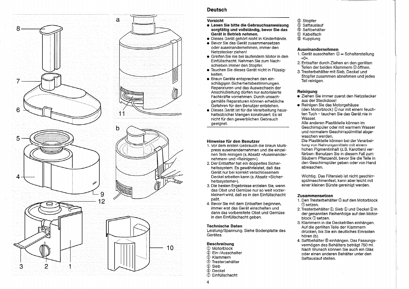 Auseinandernehmen, Reinigung, Zusammensetzen | Braun MP 75 User Manual | Page 2 / 3