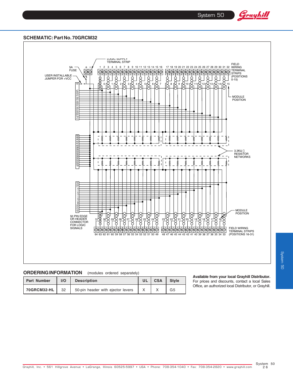 Schematic: part no. 70grcm32, Ordering information, System 50 | Grayhill Racks 32 Channel User Manual | Page 2 / 2