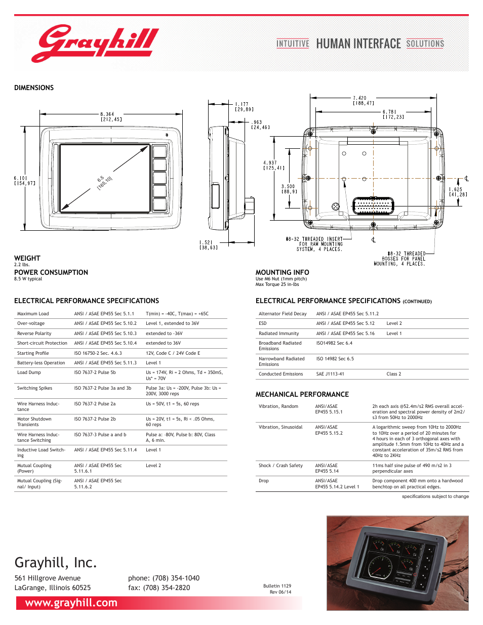Grayhill, inc, Dimensions, Mechanical performance | Electrical performance specifications, Electrical performance specifications weight, Power consumption, Mounting info | Grayhill 6.5-inch VGA Display for Vehicles User Manual | Page 2 / 2