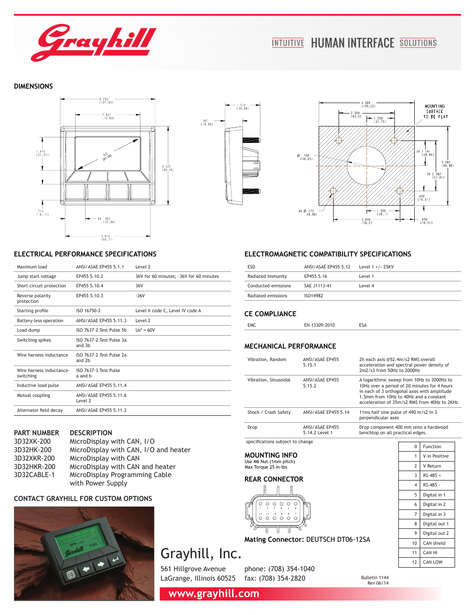 Grayhill, inc, Dimensions, Mechanical performance | Electromagnetic compatibility specifications, Mating connector: deutsch dt06-12sa mounting info, Ce compliance | Grayhill Graphic MicroDisplay User Manual | Page 2 / 2