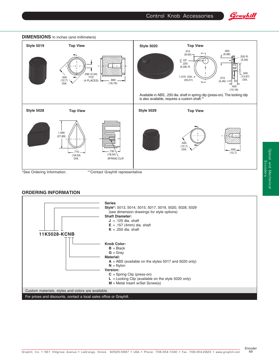 Control knob accessories, Dimensions, Ordering information | Grayhill Knobs User Manual | Page 2 / 2