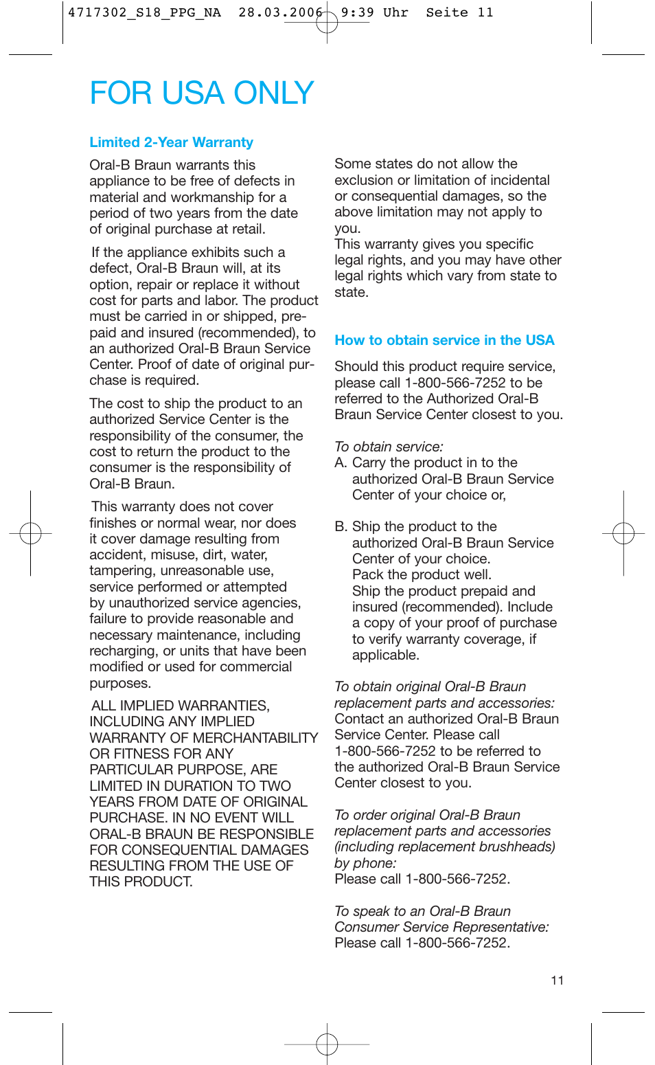 For usa only | Braun Sonic complete Toothbrush User Manual | Page 10 / 33