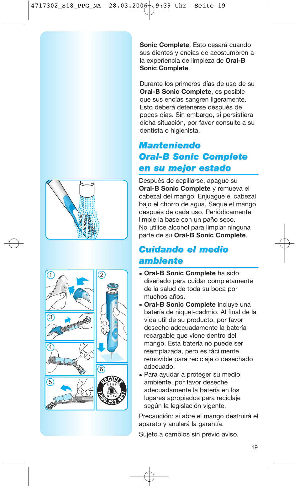 Manteniendo | Braun Sonic complete Toothbrush User Manual | Page 18 / 33