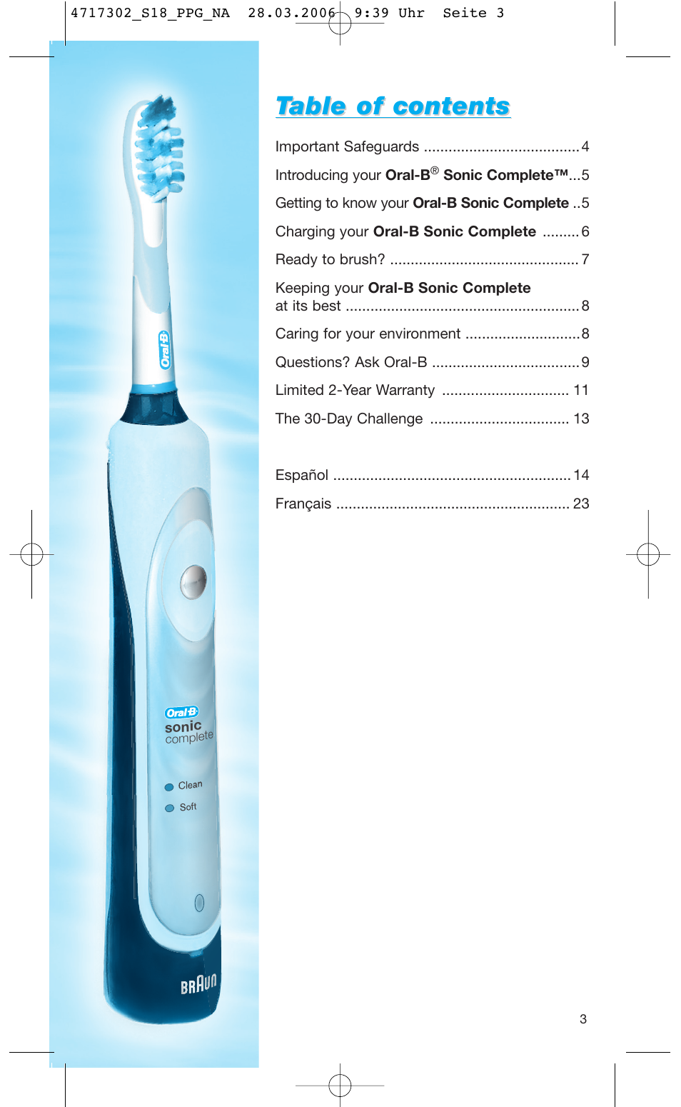 Table of contents able of contents | Braun Sonic complete Toothbrush User Manual | Page 2 / 33