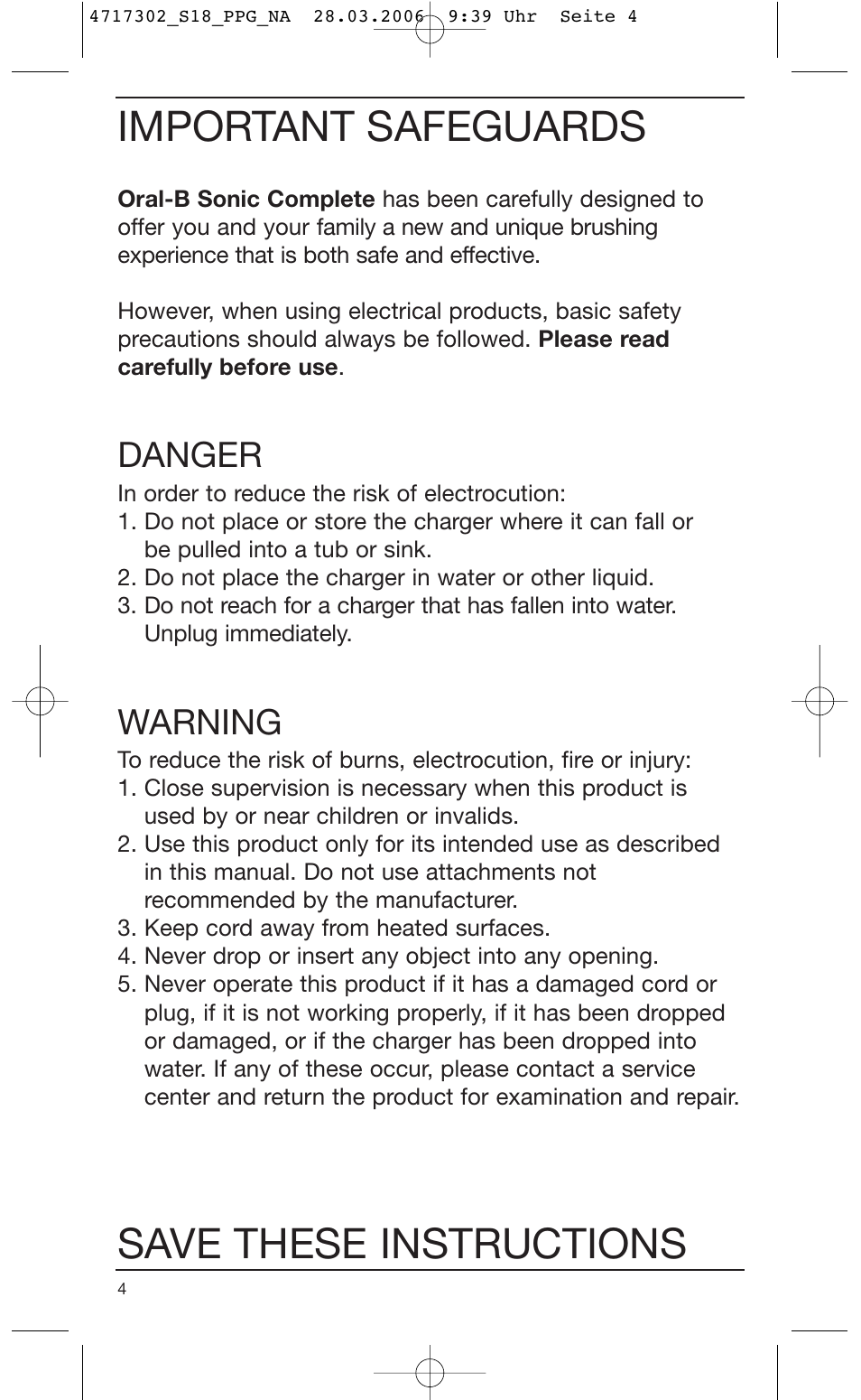 Important safeguards, Save these instructions, Danger | Warning | Braun Sonic complete Toothbrush User Manual | Page 3 / 33